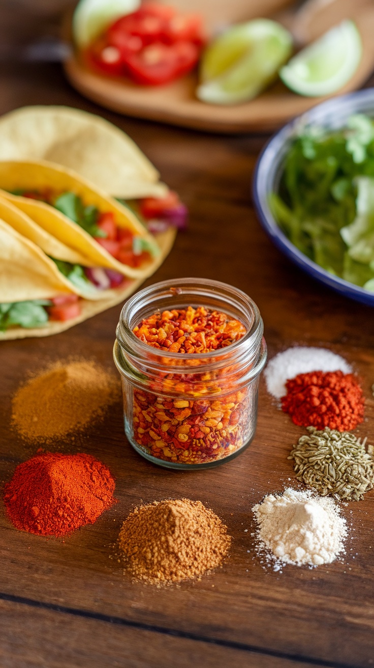 Homemade taco seasoning in a jar with spices, taco shells, and fresh ingredients on a rustic table.